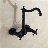 Wholesale and Retail Bathroom Black Bronze Faucet Wall Mounted Double Handles Swivel Spout Hot and Cold Mixer Faucet ZR330