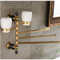 Bathroom Gold movable 3pcs Towel Bars with double cup holder,Towel Holder Towel rack Solid Brass cup holder golden Finish shelf