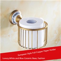 BOCHSBC Gold Basket Holder for Paper Towels Antique Blue and White Porcelain Paper Holder Classical Full Copper Towel Rack