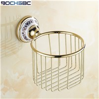 BOCHSBC Kitchen Roll Holder with Blue and White Ceramic Base Paper Towel Basket European Gold Bathroom Toilet Paper Holder