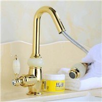 Contemporary Faucet Jade and Brass Copper Pull out  Basin Faucet Gold  sink Faucet Pull Out spray spout Hot &amp;amp;amp; Cold Water Tap