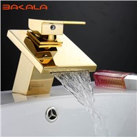 BAKALA Golden Brass Square Waterfall Spout Bathroom Basin Faucet Vanity Sink Mixer Tap  LT-509A