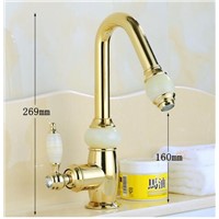 Euro Gold plating Pull out Basin Sink Faucet Luxury Pull Out Bathroom Basin Faucet Brass and Jade Vanity Sink Mixer water Tap