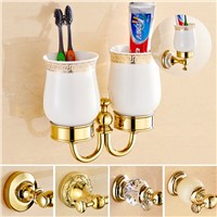 Vintage Porcelain Gold Double Cup Holder European Polished Copper Toothbrush Holder Wall Mount Bathroom Accessories dr7