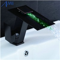 Black LED Faucet Water Powered  Bathroom Basin Faucet Brass Mixer Tap Waterfall Faucet Hot Cold  Basin Tap