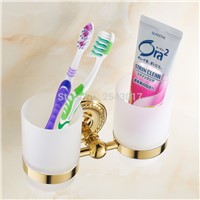 Cup&amp;amp;amp;Tumbler Holders Wall Mounted Golden Finish Double Glass Cup Holders Bathroom Accessories Toothbrush Holder ZR2659
