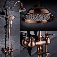 Shower Tap Set Wall Mounted Antique Rose Golden Bath Faucet with Brass , 8 Inches Big Waterfall Shower Head