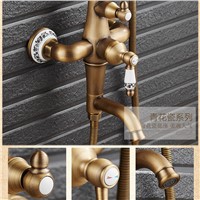 Moder Antique Brass Rainfall 8&amp;amp;quot; Shower Faucet Set Wall Mounted Single Handle with Shelving Bathroom Shower