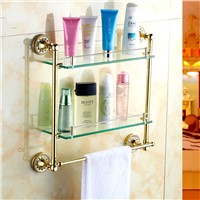 Antique Gold Plated Copper Crystal Double Layer Glass Shelf Polished Glass Dresser Holder With Towel Rack Bathroom Accessories