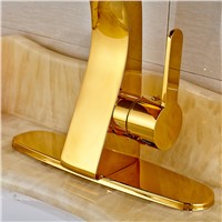Golden Bathroom Basin Water Tap Single Handle One Hole Hot and Cold Mixer Faucet With 10 Inch Cover Plate