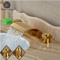 Deck Mount Golden Dual Handles Basin Faucet Widespread Bathroom 3 Holes Washbasin Mixer Taps