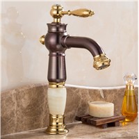 New Design Gold plating Luxury Bathroom Basin Faucet Single Handle Vanity Sink Mixer water Tap Brass and Jade Basin Sink Faucet