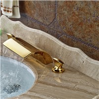 Modern Widespread Deck Mounted Waterfall Basin Faucet Golden Bathroom Mixer Water Taps Dual Handles