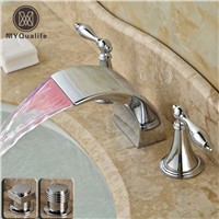 LED Color Changing Waterfall Bathroom Sink Mixer Faucet Dual Handle Basin RGB Light Basin Water Taps Chrome Deck Mounted
