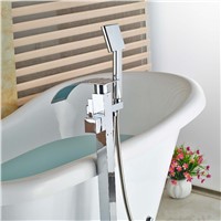 Solid Brass Bathroom Waterfall Spout Bathtub Faucet Brass Tub Mixer Taps Floor Mount with Handsprayer