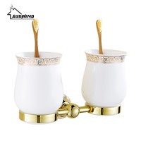 Crystal Brass Double Cup Tumbler Holders Glass Gold Toothbrush Cup Holders Bathroom Accessories