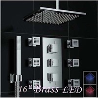 Chrome Thermostatic 16&amp;amp;quot; Ceiling Mount LED Rain Shower Faucet 6 Massage Jets Mixer Tap Wall Mounted