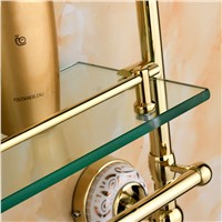 Antique Copper Gold Plated Double Glass Shelf Cosmetic Rack Bathroom Towel Rack Bathroom Accessories