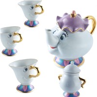 1 Pot+3 Cups+1 Sugar Pot Cartoon Beauty And The Beast Coffee Pot Mug Cup Set Mrs Potts Chip Kettle Mark Porcelain Xmas Gift