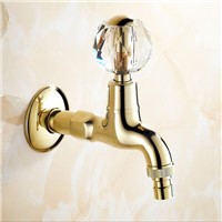 Golden Brass Crystal Handle Extended Mop Pool Taps Wall Mount Single Lever Cold Water Sink Faucet