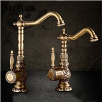 MTTUZK Deck Mounted Single Handle Bathroom Faucet Basin Carved Faucet Antique Brass Hot and Cold Mixer tap 360 degree rotating