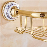 Full Copper Antique Brass Blue &amp; White Porcelain Bathroom Single-Tier Bathroom Storage Rack Wall Mount Bathroom Shelf Hot Sale