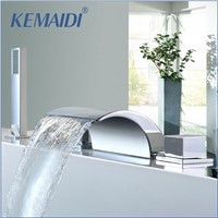 KEMAIDI Deck Mount 5PCS Waterfall Shower Set Bathtub Tub Shower Faucet Three Handles with Handheld Tub Mixer Taps Chrome Finish