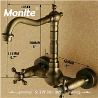 Wall Mounted Antique Bronze finish Stream Spout Bathroom Faucet Two Handles basin mixer tap Hot &amp;amp;amp; Cold Water Mixer