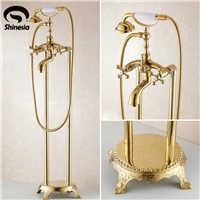 Solid Brass Luxury Floor Standing Bathroom Bathtub Faucet Golden Polish Dual Handles with Handheld Shower