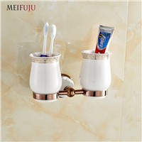 MEIFUJU Bathroom Ceramic Accessories Luxury European Style Golden Copper Toothbrush Tumbler&amp;amp;amp;Cup Holder Wall Mount Bath Product