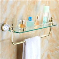 Antique Gold Polished Makeup Holder With Towel Rack Gold Crystal Copper Plated Glass Shelf Wall Mount Bathroom Accessories