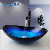 KEMAIDI Antique Brass Faucet Vessel Drain Combo Set Counter Top Mixer Round Taps Bathroom Basin Stream Spout Waterfall Hot Cold