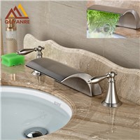 Led Color Changing Brushed Nickle Basin Faucet Hot and Cold Water Faucet Waterfall Spout Dual Handle Tap