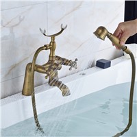Solid Brass Bathroom Tub Faucet Double Handles Deck Mount Mixer Tap with Handheld Shower
