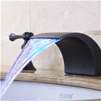 Solid Brass Oil Rubbed Bronze Widespread 3pcs LED Waterfall Spout Bathroom Sink Faucet Double Handles Mixer Tap