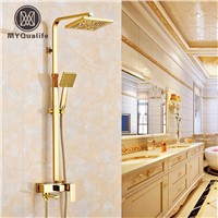 European Copper Shower Set Faucet Wall Mount Hot and Cold Bath Tub Showers Column Golden 8&amp;amp;quot; Rain Showerhead