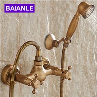 Wall Mounted Antique Brass Shower Set Faucet+Bath Tub Mixer Tap+Double Handles Hand Held Shower Head Kit Shower Faucet Sets