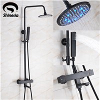 Luxury Thermostatic 8 Inch LED Round Shower Head with Hand Sprayer Oil Rubbed Bronze Wall Mount