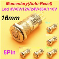 1PC 16MM Panel hole Momentary Auto-Reset Metal Button Switch with LED 12V/24V Power push button indication car dash
