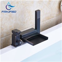 Black Deck Mounted Waterfall Spout with Plastic Hand Shower 3 pcs One Set Bathtub Faucet
