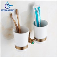2017 New Arrival Antique Brass Toothbrush Holder W/ Two Ceramic Cup Wall Mounted
