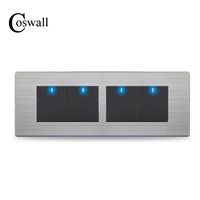 COSWALL 4 Gang 2 Way Luxury Light Switch Push Button Wall Interruptor With LED Indicator Stainless Steel Panel 197* 72mm
