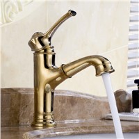 Basin Faucets  Pull Out Gold Bathroom Sink Crane Copper Sink WC Mixer Taps Hot and Cold Deck Mounted Bathroom Faucet WF-18043
