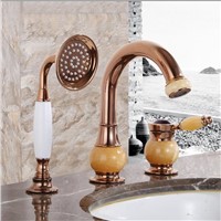 Rose gold brass and jade three holes wash basin faucet with shower head.luxury sink faucet. hot and cold  tap toilet bath mixer