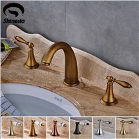 Antique Brass Bathroom Sink Faucet Solid Brass Widespread 3pcs Ceramics Handles Basin 3 Holes Mixer Tap