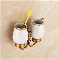 Bathroom furniture luxury European style Golden copper toothbrush tumber&amp;amp;amp;cup holder with 2cups wall mount bath product HJ-1303