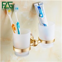FLG Gold Double Cup Tumbler Holders Toothbrush Cup Holders Wall Mounted Ceramic Bathroom Accessories