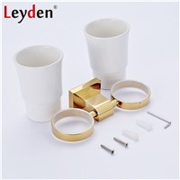 Leyden Luxury Golden/ Chrome Double Toothbrush Holder with Ceramic Cup Wall Mounted Brass Toothbrush Hanger Bathroom Accessories