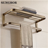 Wholesale And Retail Modern Square Golden Brass Wall Mounted Bathroom Towel Rack Shelf W/ Towel Bar Towel Hangers HY-2212K