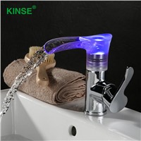 KINSE Chrome Finish Brass Temperature Indicate 3 Color LED Wash Basin Faucet